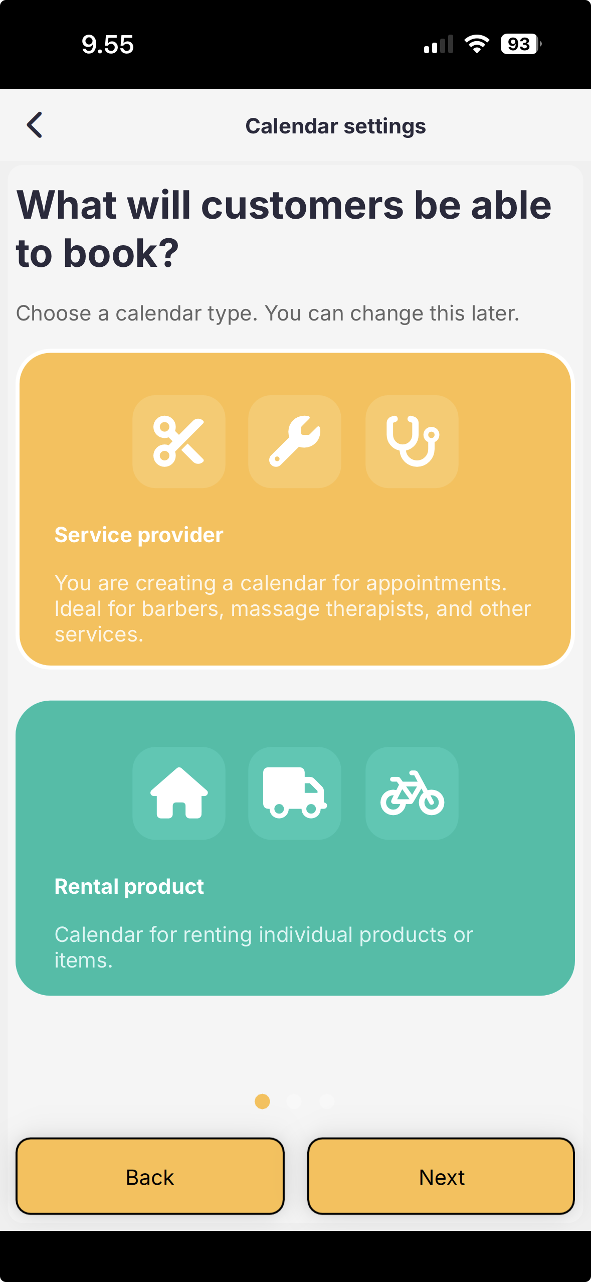 Calendar settings: choose Service provider or Rental product.