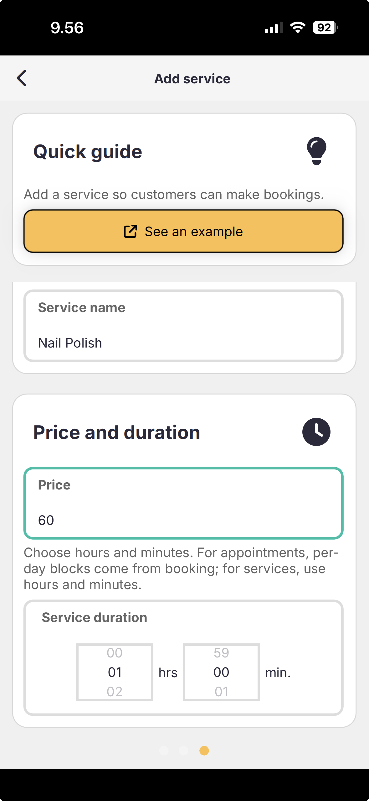 Add service form: service name, price and duration.