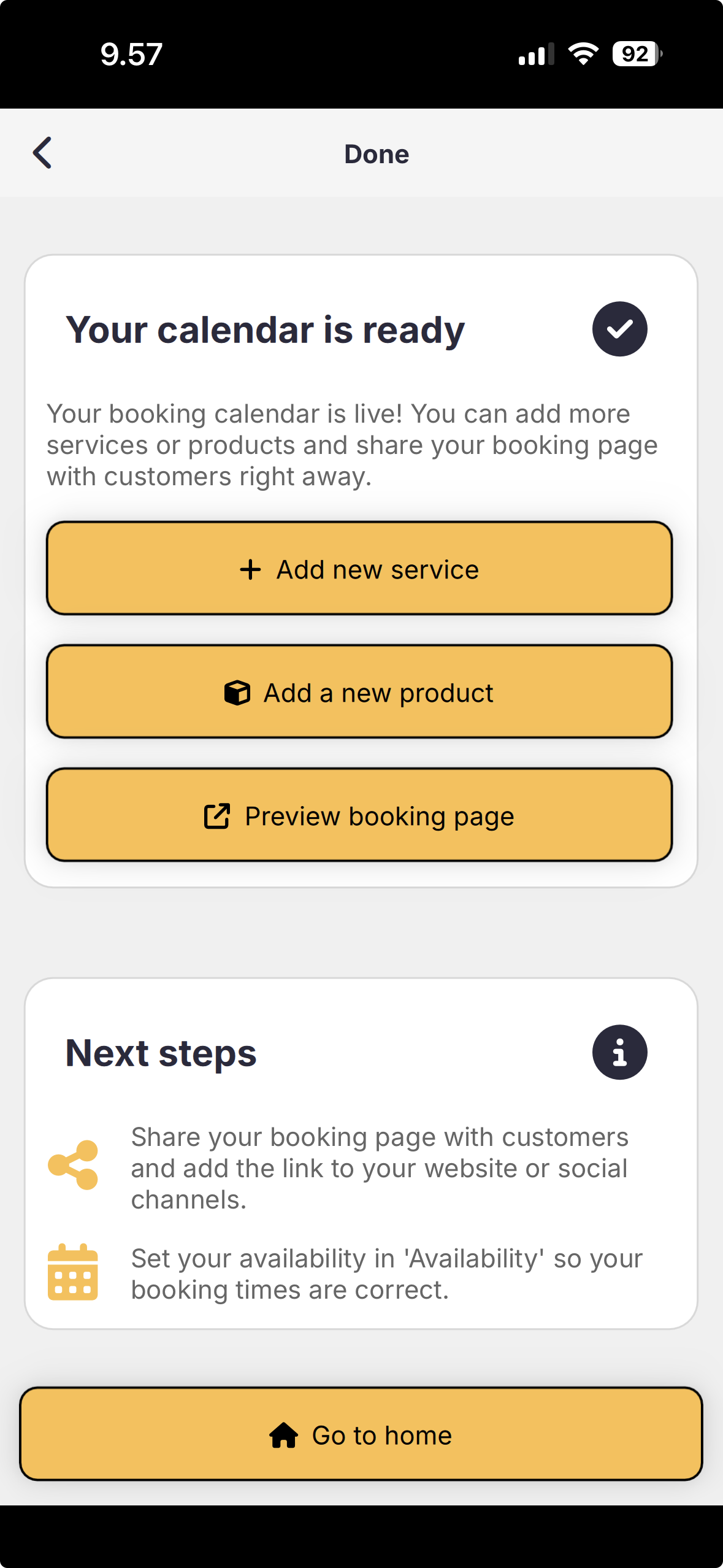 Calendar ready screen: preview booking page and next steps.